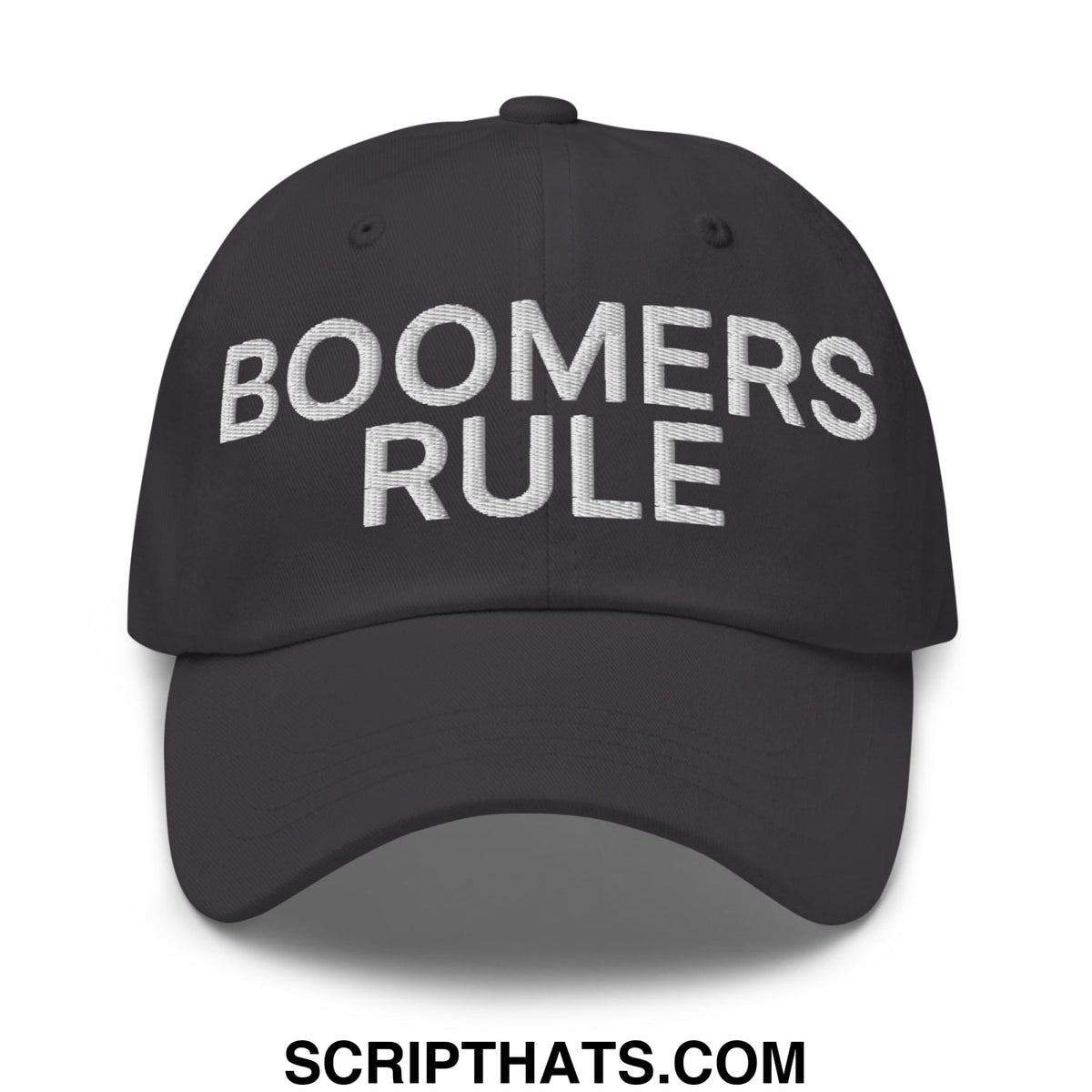 Black unstructured dad hat with boomers rule embroidered in white thread across the front panel