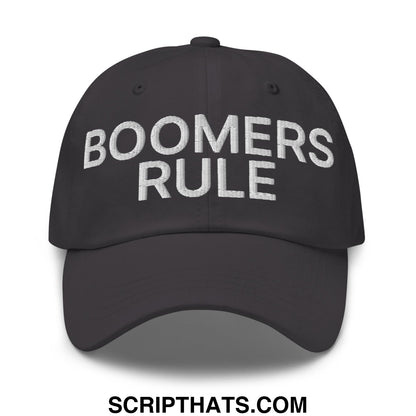 Black unstructured dad hat with boomers rule embroidered in white thread across the front panel