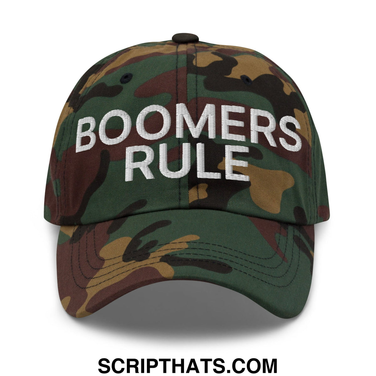 A camouflage boomers rule embroidered unstructured dad hat with a classic adjustable design for casual wear