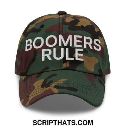 A camouflage boomers rule embroidered unstructured dad hat with a classic adjustable design for casual wear