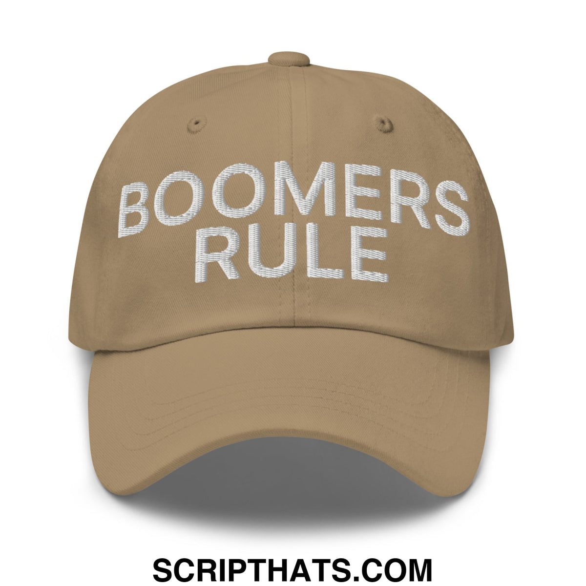 Tan unstructured dad hat featuring white embroidered boomers rule text for casual wear