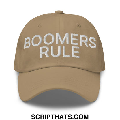 Tan unstructured dad hat featuring white embroidered boomers rule text for casual wear
