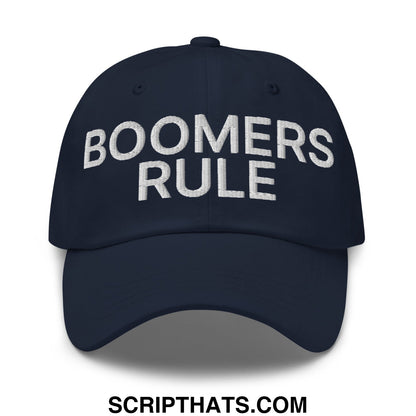 Navy blue unstructured dad hat with boomers rule embroidered in white thread across the front