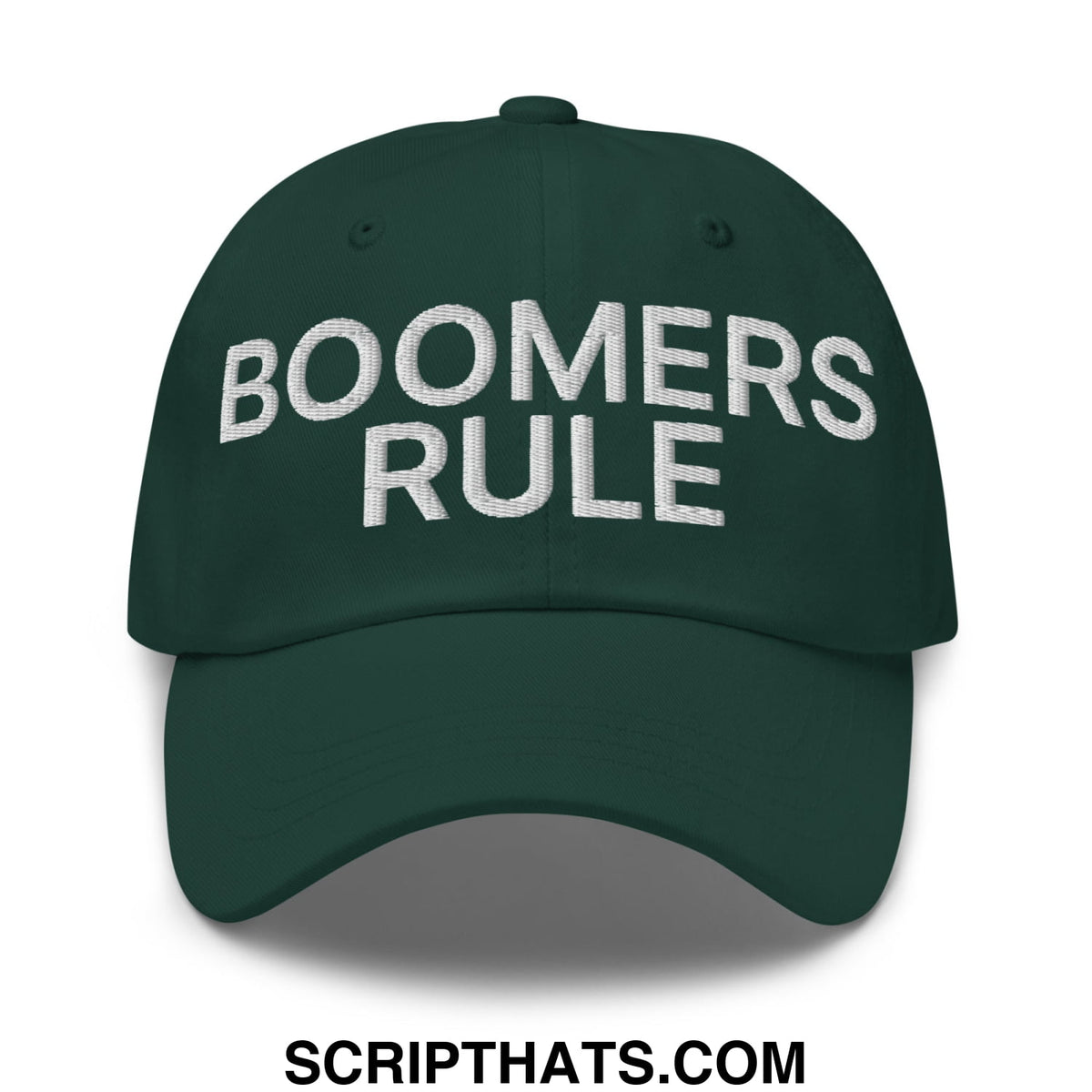 Dark green unstructured dad hat with white embroidered boomers rule text perfect for casual wear