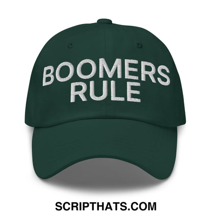 Dark green unstructured dad hat with white embroidered boomers rule text perfect for casual wear