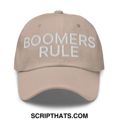 Beige unstructured dad hat with boomers rule embroidered in white thread across the front