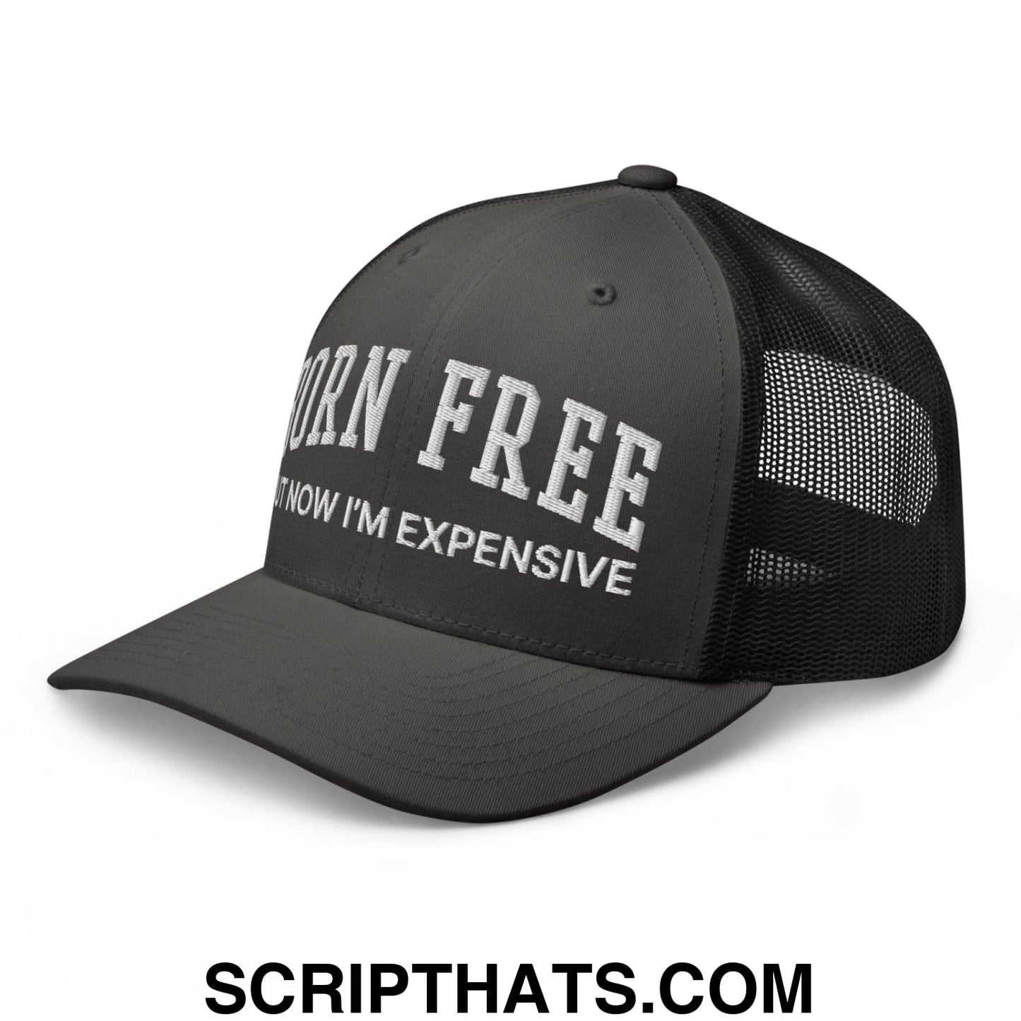 Born Free But Now I'm Expensive Retro Trucker Hat Charcoal Black