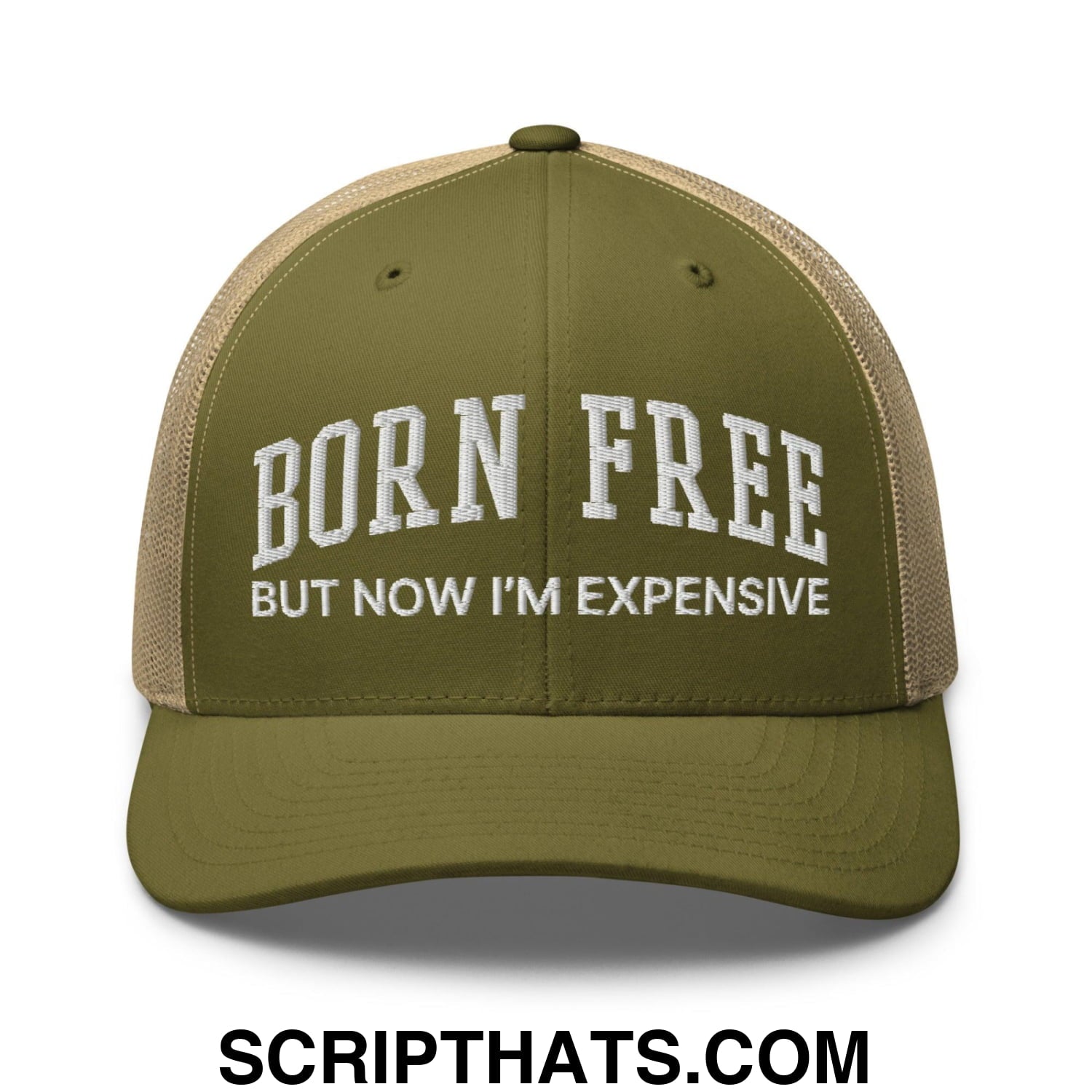Born Free But Now I'm Expensive Retro Trucker Hat Moss Khaki
