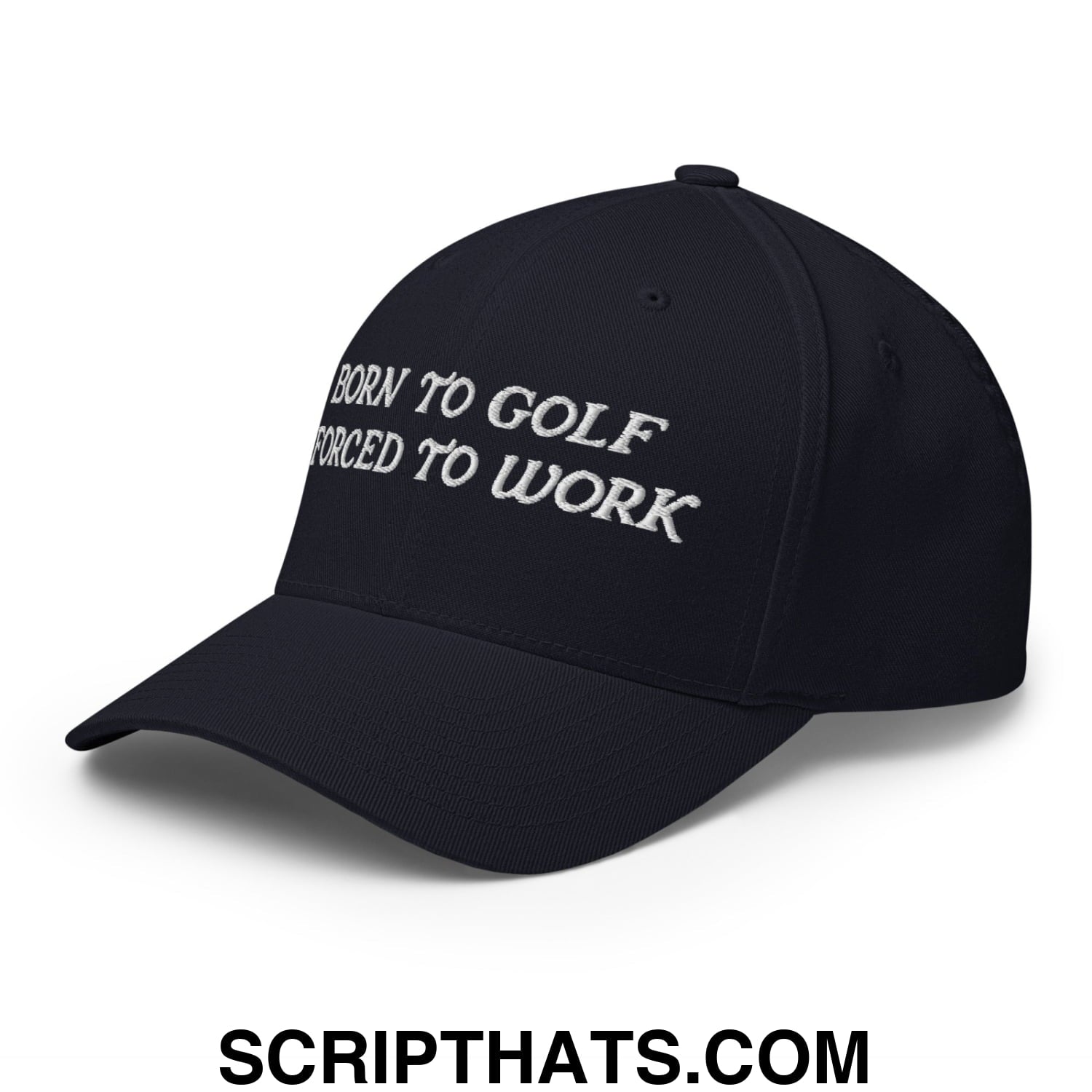 Born to Golf Forced to Work Embroidered Stretch Fit Golf Hat Dark Navy
