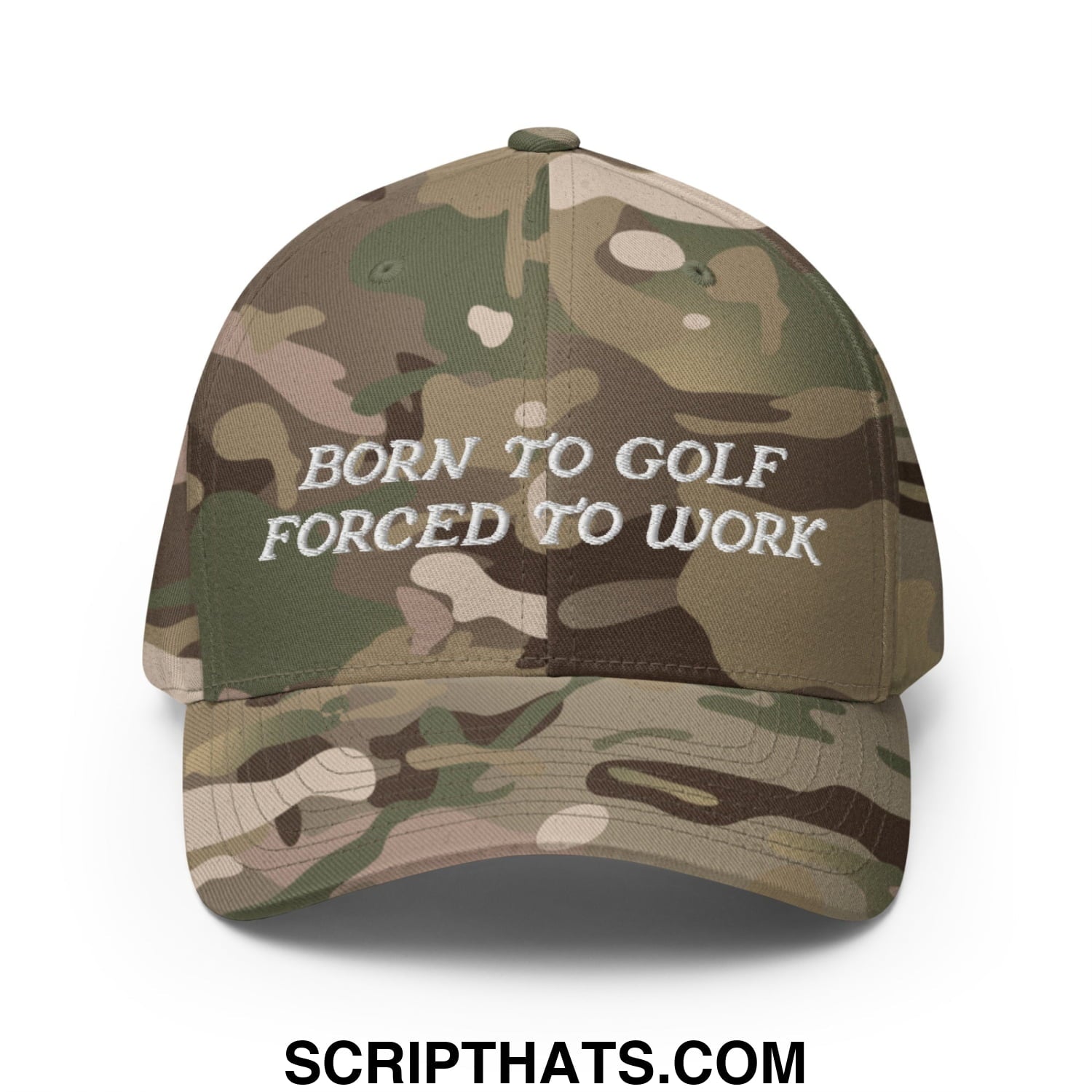 Born to Golf Forced to Work Embroidered Stretch Fit Golf Hat Multicam Green