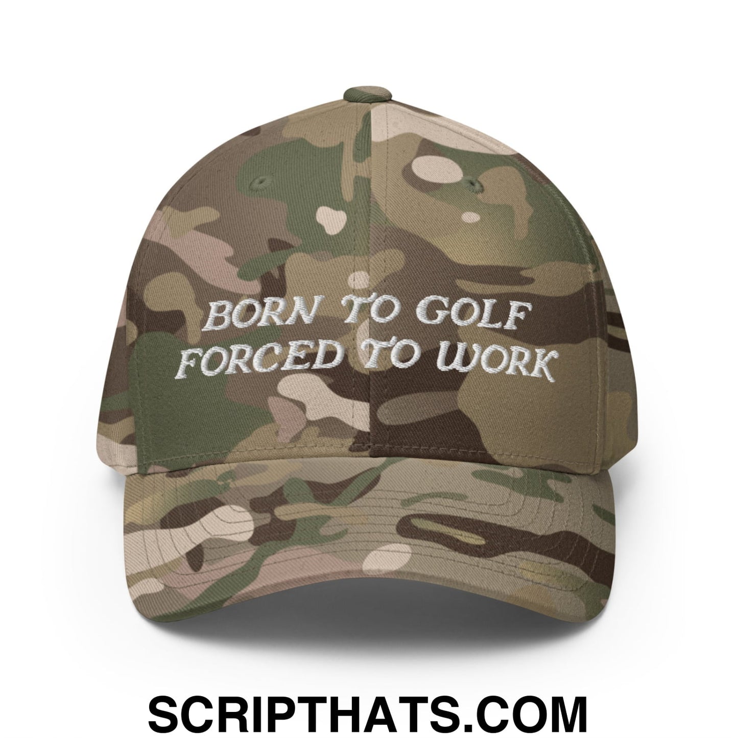 Born to Golf Forced to Work Embroidered Stretch Fit Golf Hat Multicam Green
