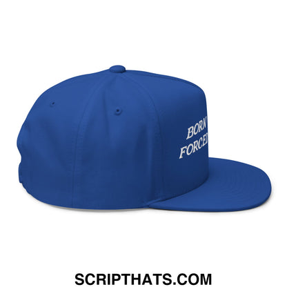 Royal blue 5 panel golf snapback hat with white embroidered born forced text on the side and flat brim bill