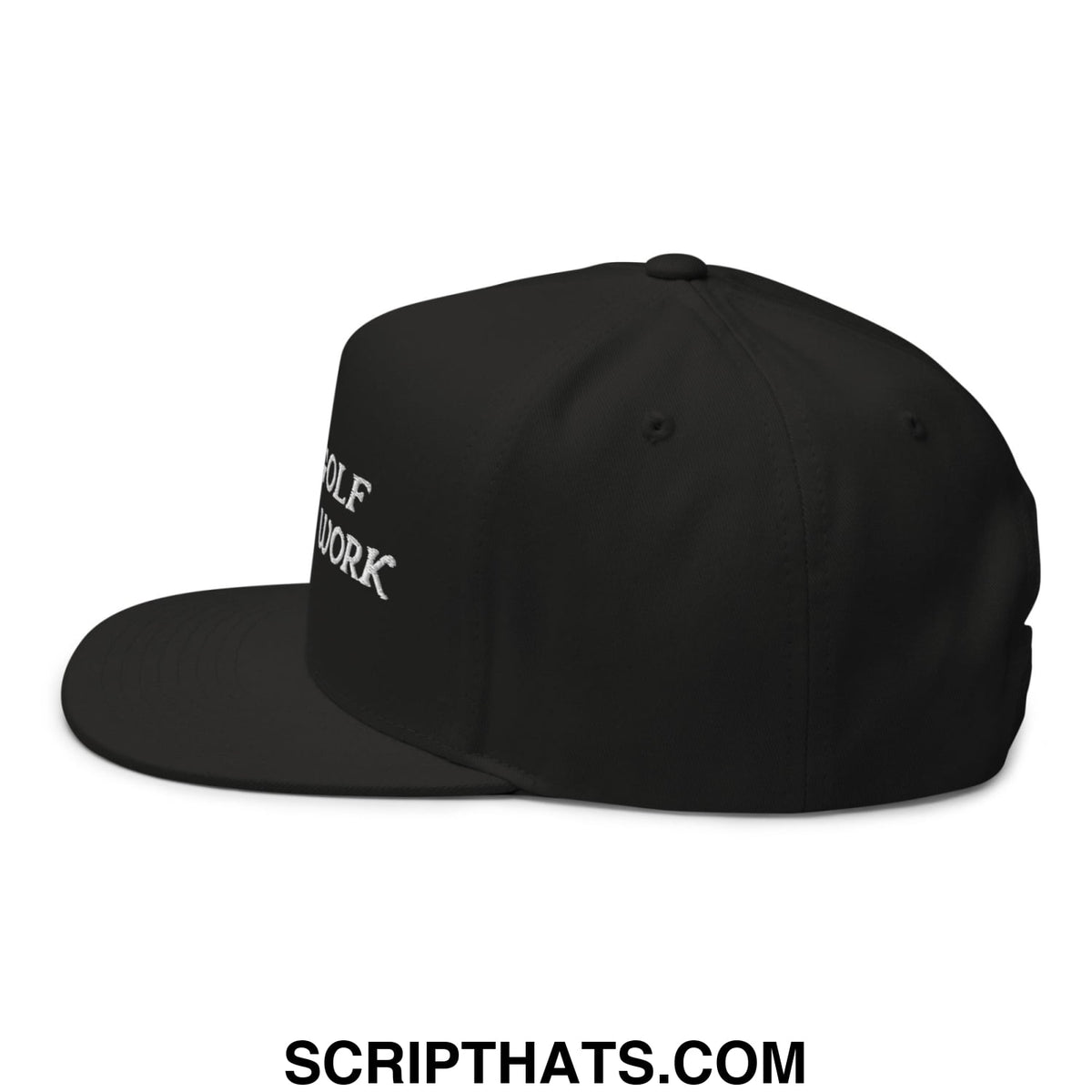 Black snapback cap with white embroidered golf network text on the side from born to golf forced to work collection
