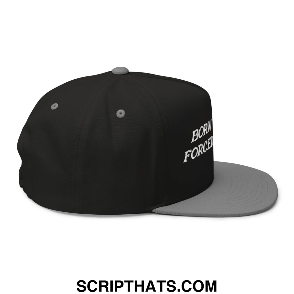 Black snapback cap with gray brim and white embroidered born forced text side for golf and work use