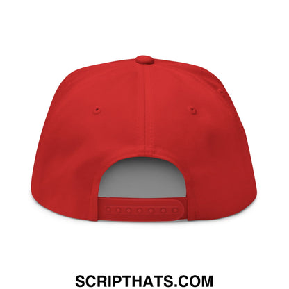 Red snapback 5 panel golf hat with flat brim gray inner lining and adjustable strap born to golf forced to work