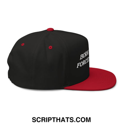Black and red born to golf forced to work flat brim 5 panel golf snapback hat with white embroidered text on side