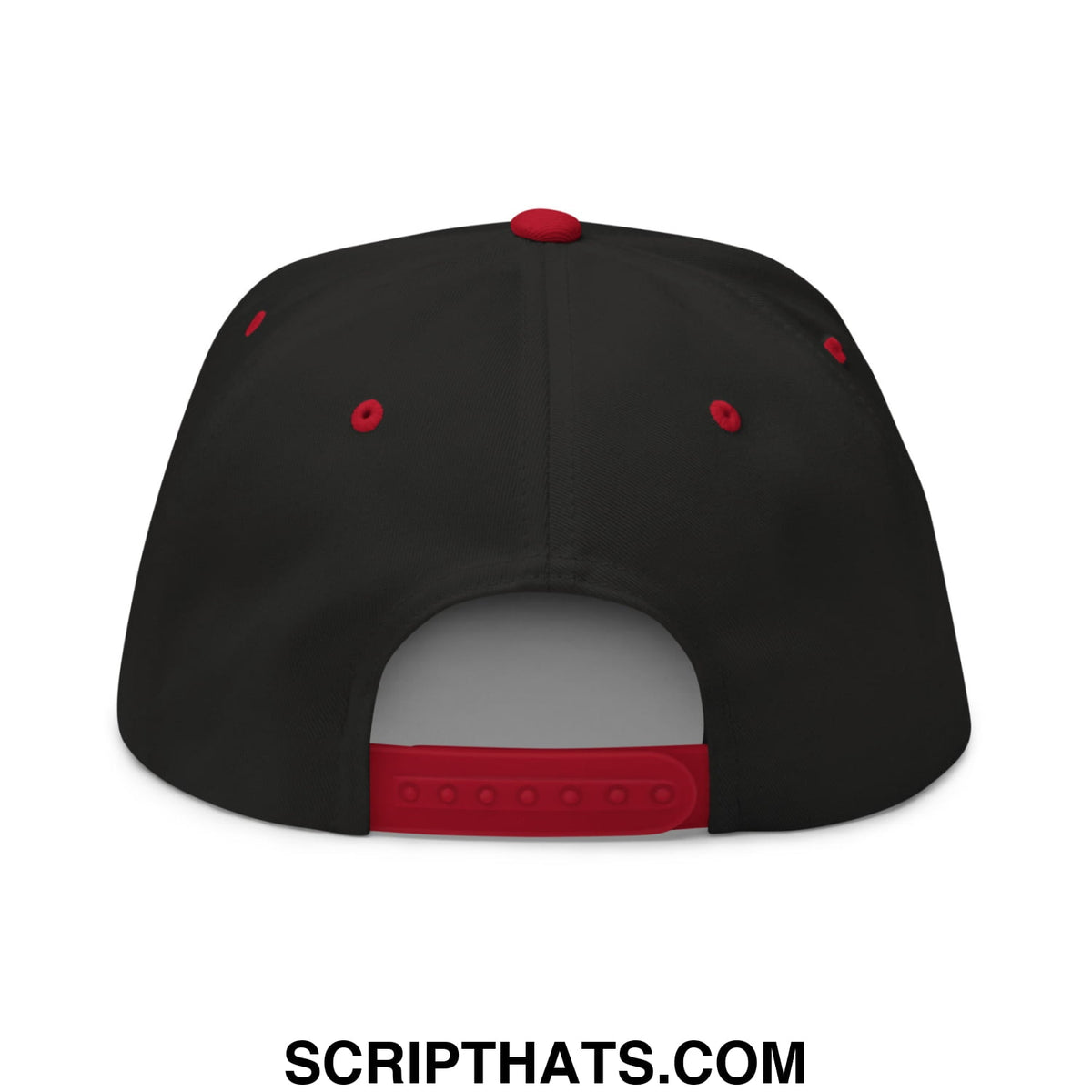 Black snapback cap with red accents on button eyelets and strap born to golf forced to work 5 panel flat brim hat