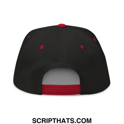 Black snapback cap with red accents on button eyelets and strap born to golf forced to work 5 panel flat brim hat