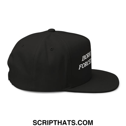 Black five panel snapback golf hat with flat brim and white embroidered born forced text on the side