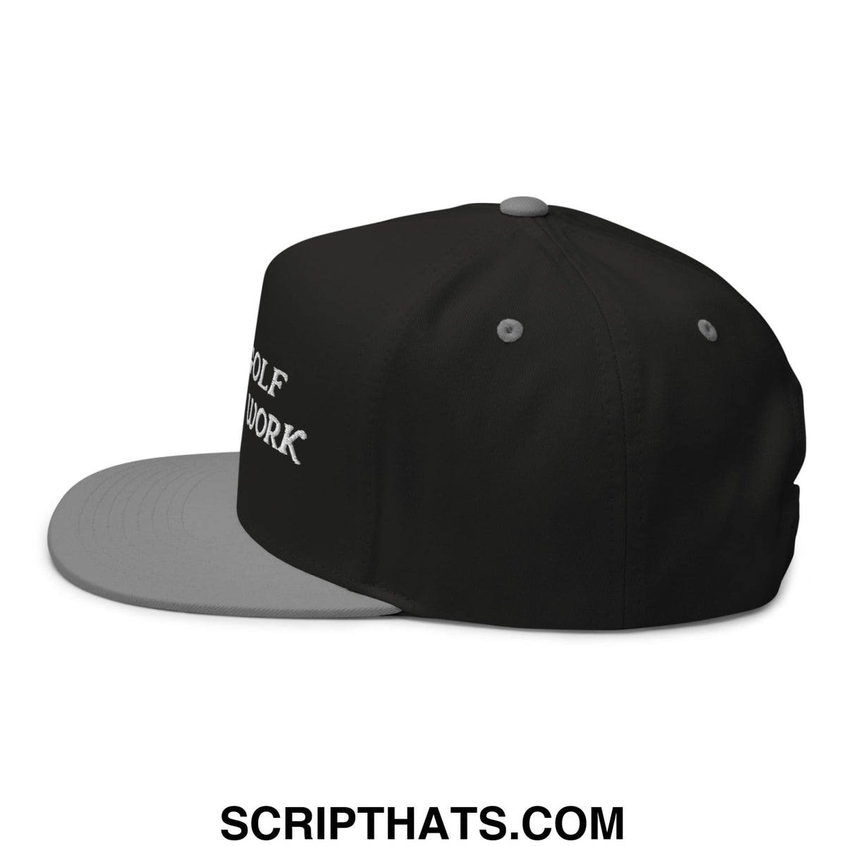 Black and gray 5 panel golf snapback hat with white embroidered born to golf forced to work text on the side