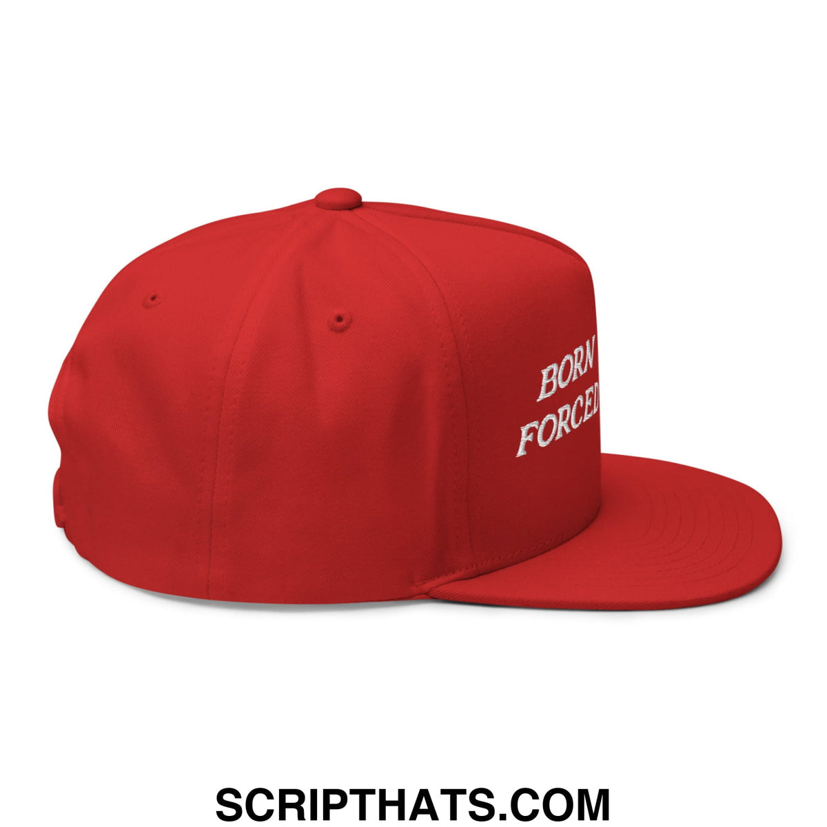 Red flat brim snapback golf hat with white embroidered born forced text on the side for born to golf forced to work