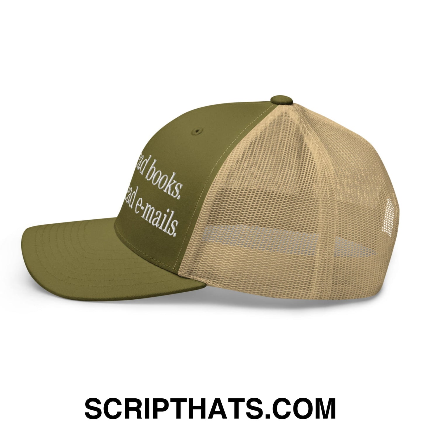 Born to Read Books Forced to Read E-Mails Embroidered Mesh Trucker Hat Moss Khaki