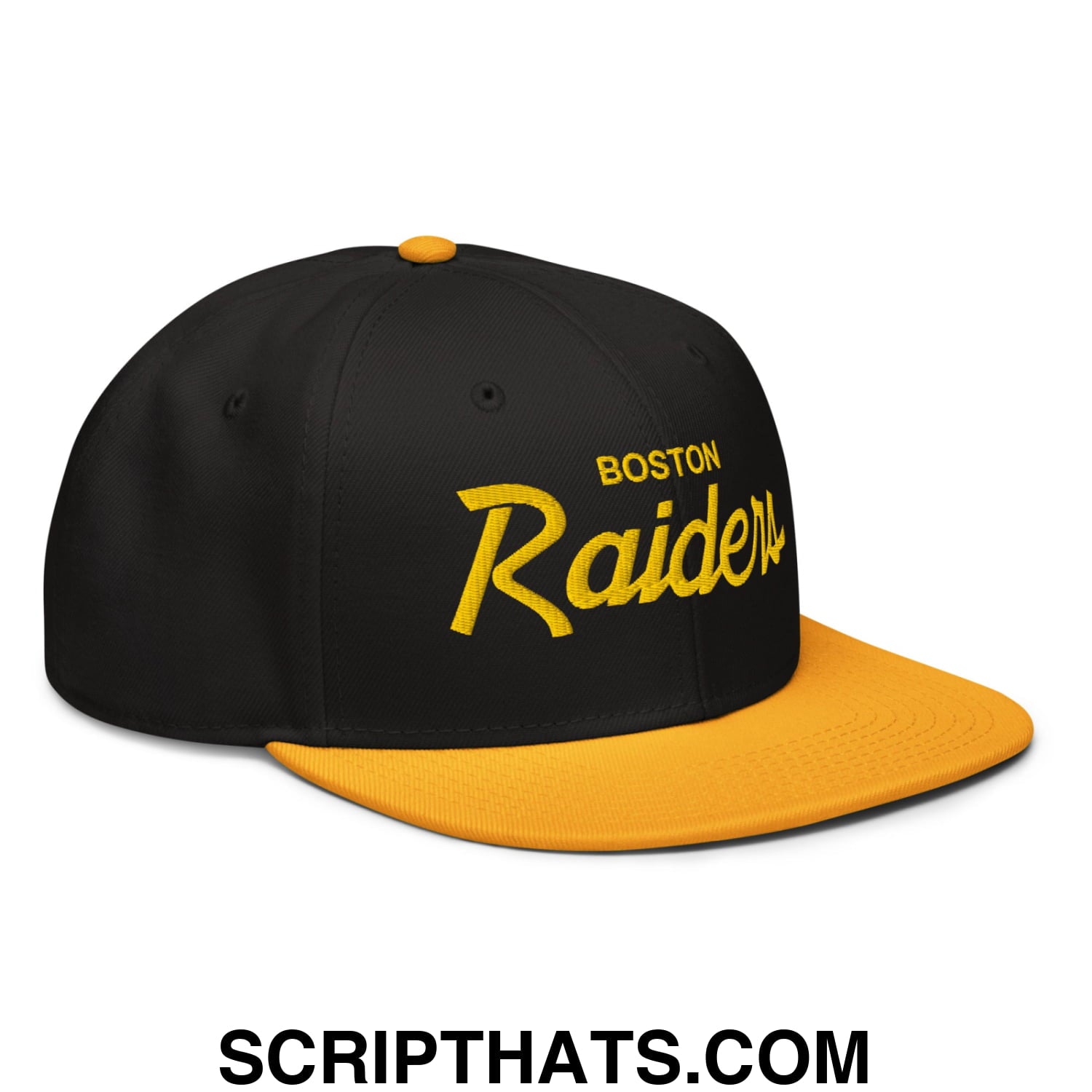 Boston Raiders Vintage Sports Script Embroidered Flat Brim Bill Snapback Hat Gold Black Black