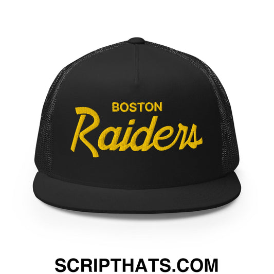 Boston Raiders Vintage Sports Script Embroidered Mesh Flat Bill Brim Trucker Hat Default Title