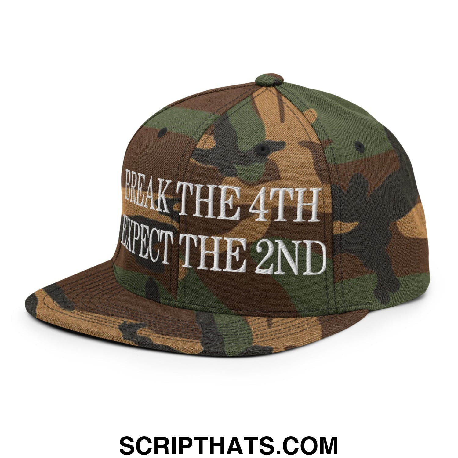 A camouflage snapback hat with flat bill brim and white embroidered text break the 4th expect the 2nd on front
