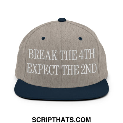 Gray and navy blue snapback hat with white embroidered break the 4th expect the 2nd text on flat bill brim