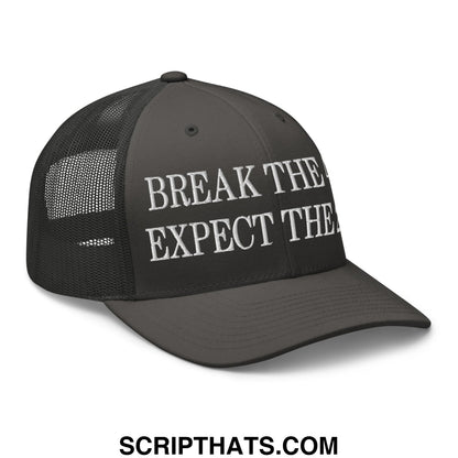 Black mesh trucker hat with white embroidered break the expect text on front panels from break the 4th expect collection