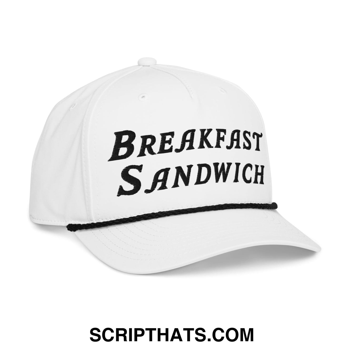 White breakfast sandwich embroidered golf rope hat with black brim trim and text detail for casual wear