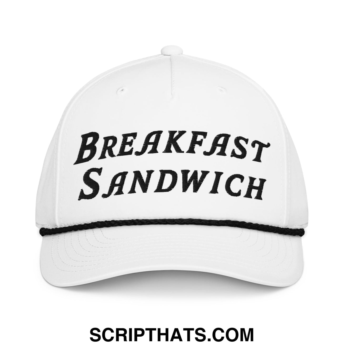 White baseball cap with black embroidered breakfast sandwich text and matching black brim trim for golf use