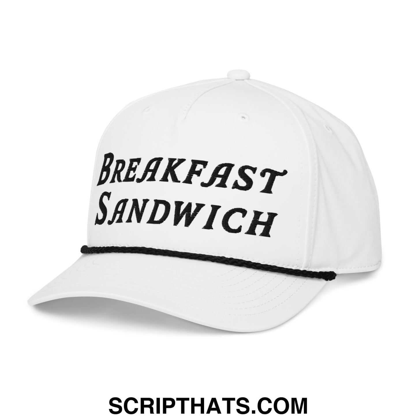 White baseball cap with black embroidered breakfast sandwich text and matching black brim trim golf rope hat