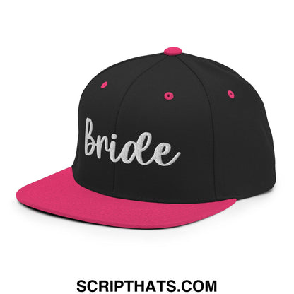Black and pink snapback hat with silver embroidered bride script on the flat bill brim front panel
