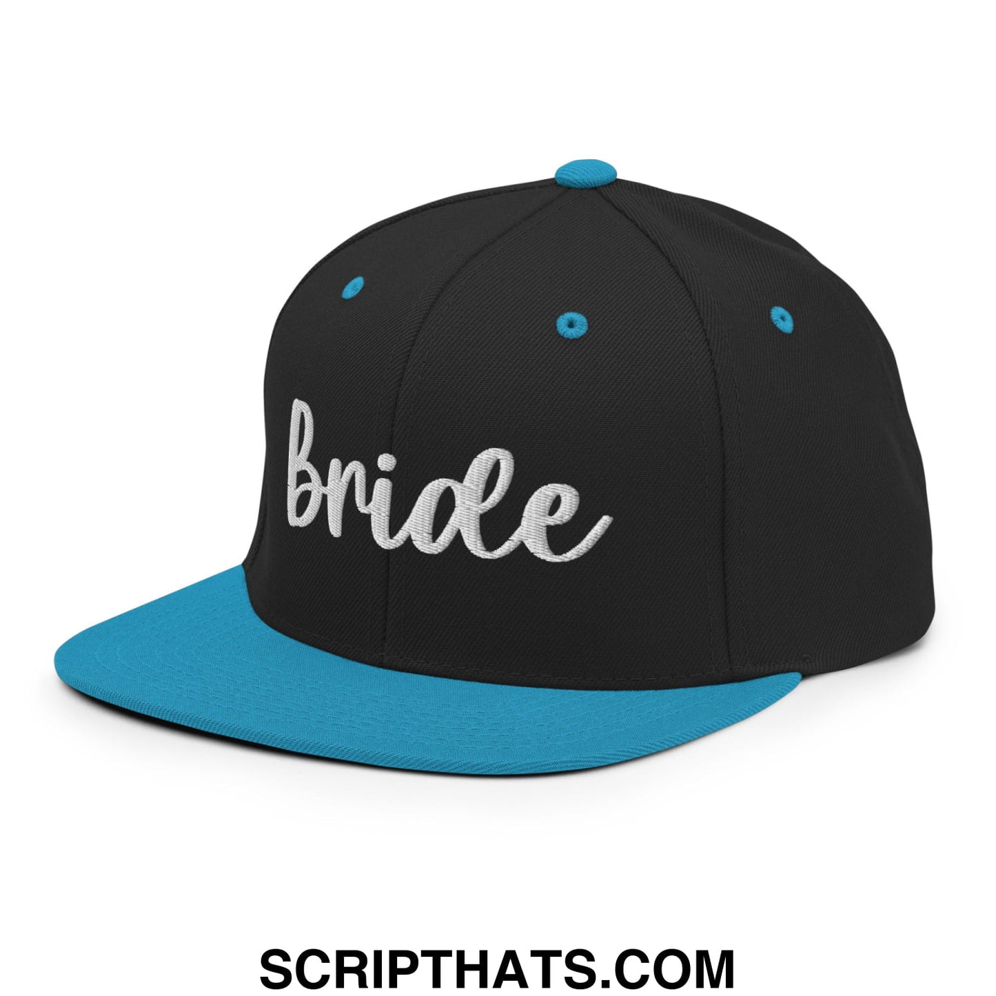 Black snapback hat with teal brim and silver bride embroidery flat bill brim for bridal use