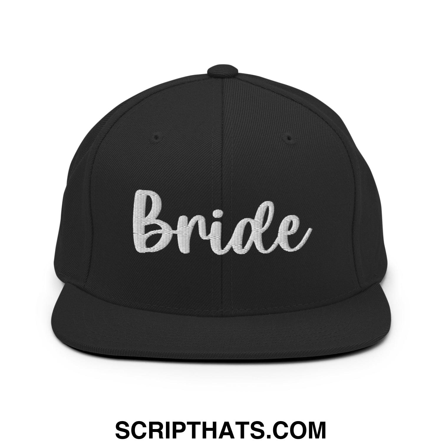 Black flat bill brim snapback hat with bride embroidered in white script on the front panel