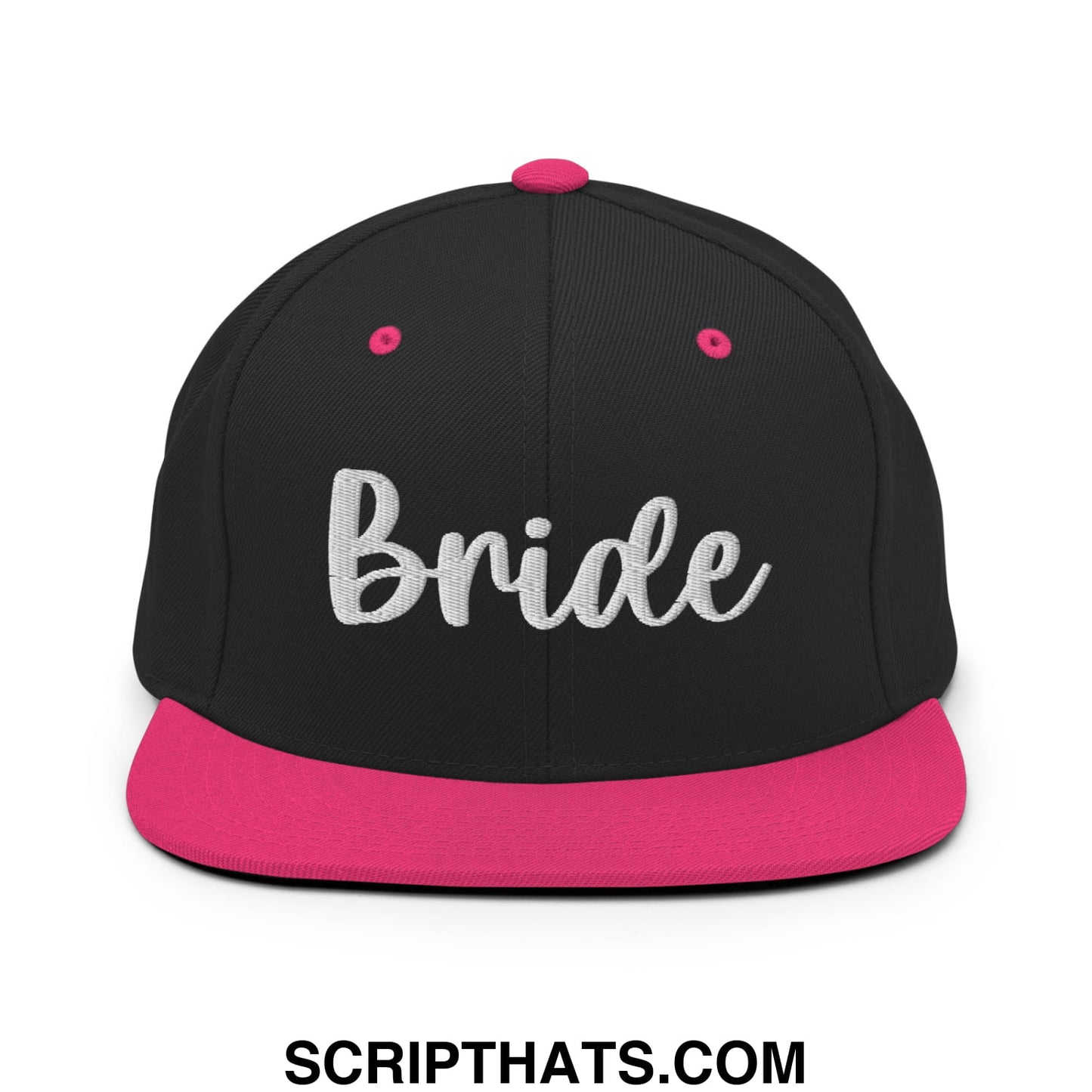 Black bride embroidered flat bill snapback hat with vibrant pink brim and matching button for bridal wear