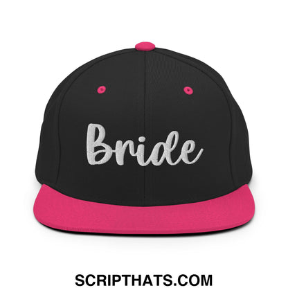 Black bride embroidered flat bill snapback hat with vibrant pink brim and matching button for bridal wear