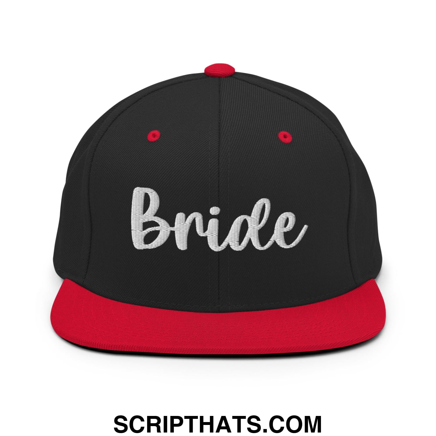 Black and red snapback hat with bride embroidered in silver thread on flat bill brim for bridal wear