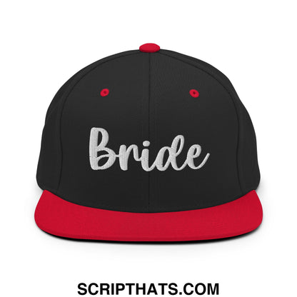 Black and red snapback hat with bride embroidered in silver thread on flat bill brim for bridal wear