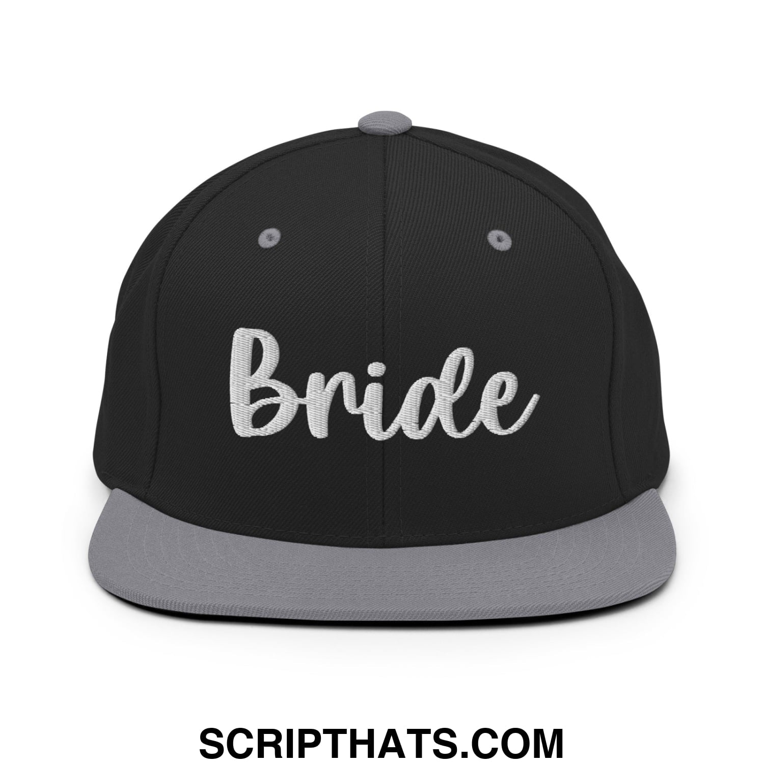 Black snapback hat with gray brim featuring white cursive bride embroidery for wedding and bridal use