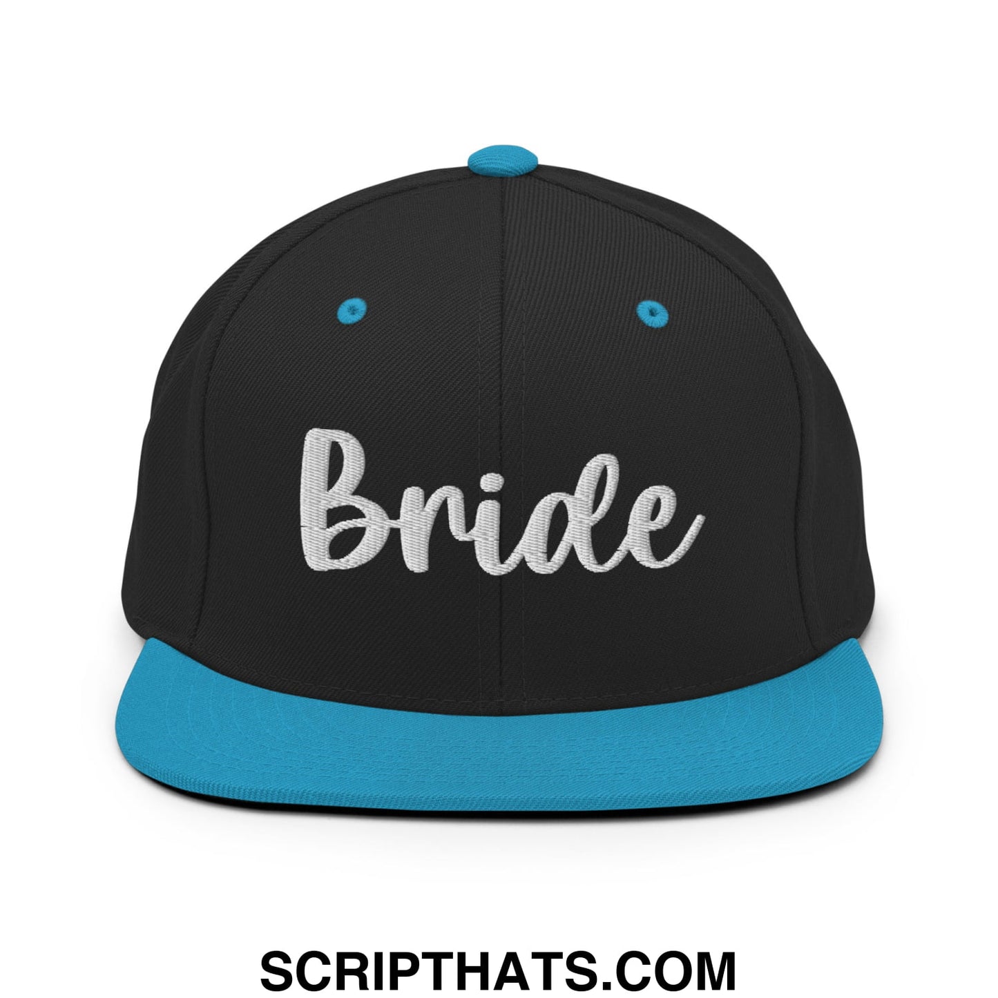 Black snapback hat with flat bill brim in turquoise and white bride embroidered script on front for weddings