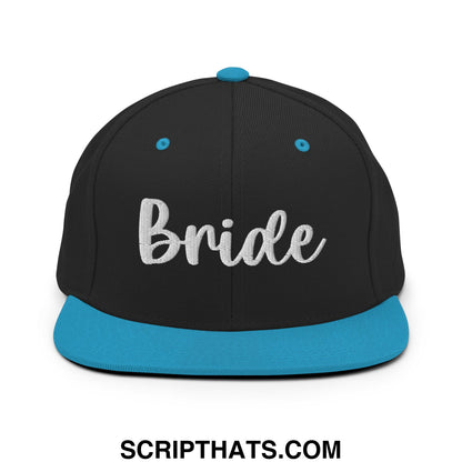 Black snapback hat with flat bill brim in turquoise and white bride embroidered script on front for weddings