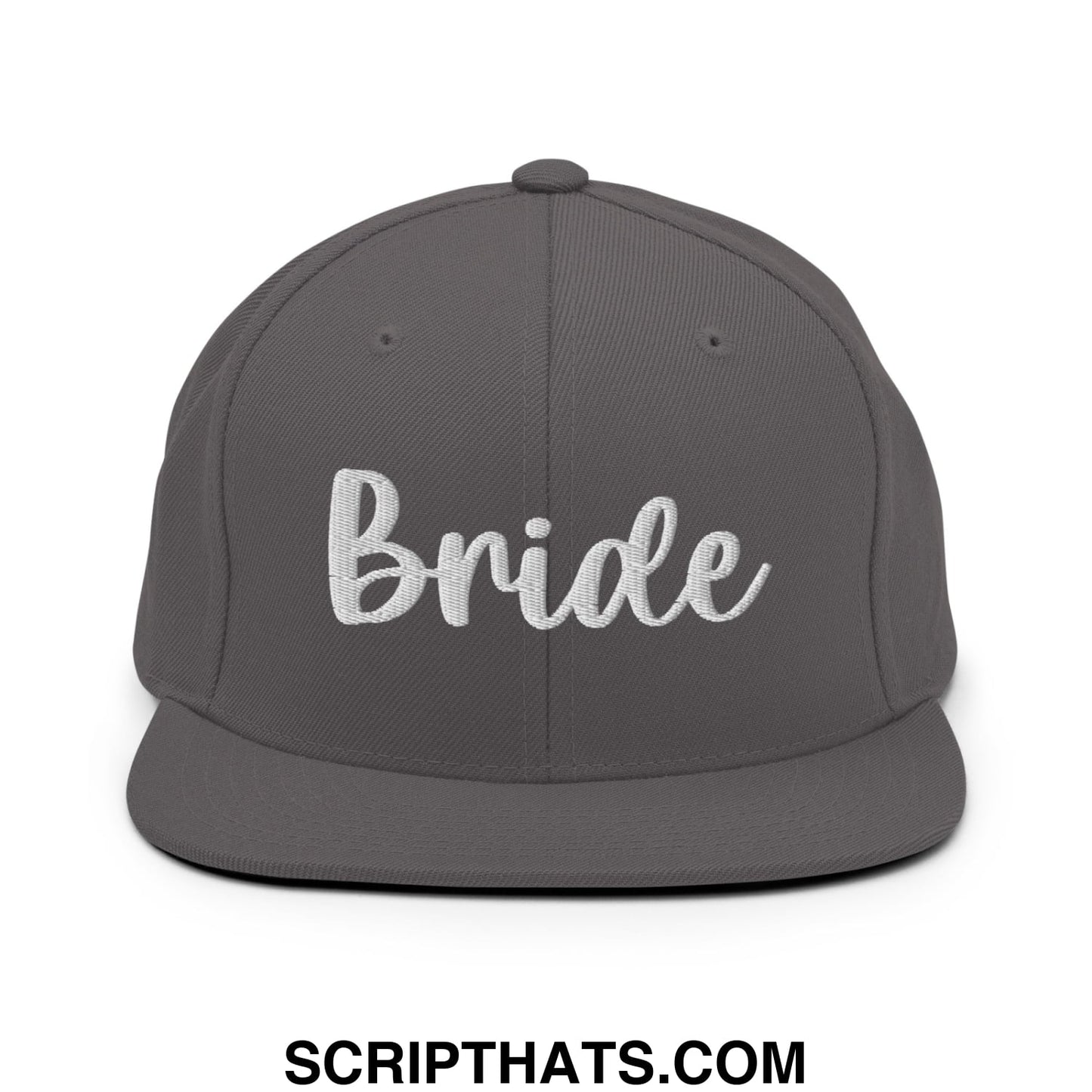 Gray snapback hat with white embroidered bride script and flat bill brim designed for bridal wear
