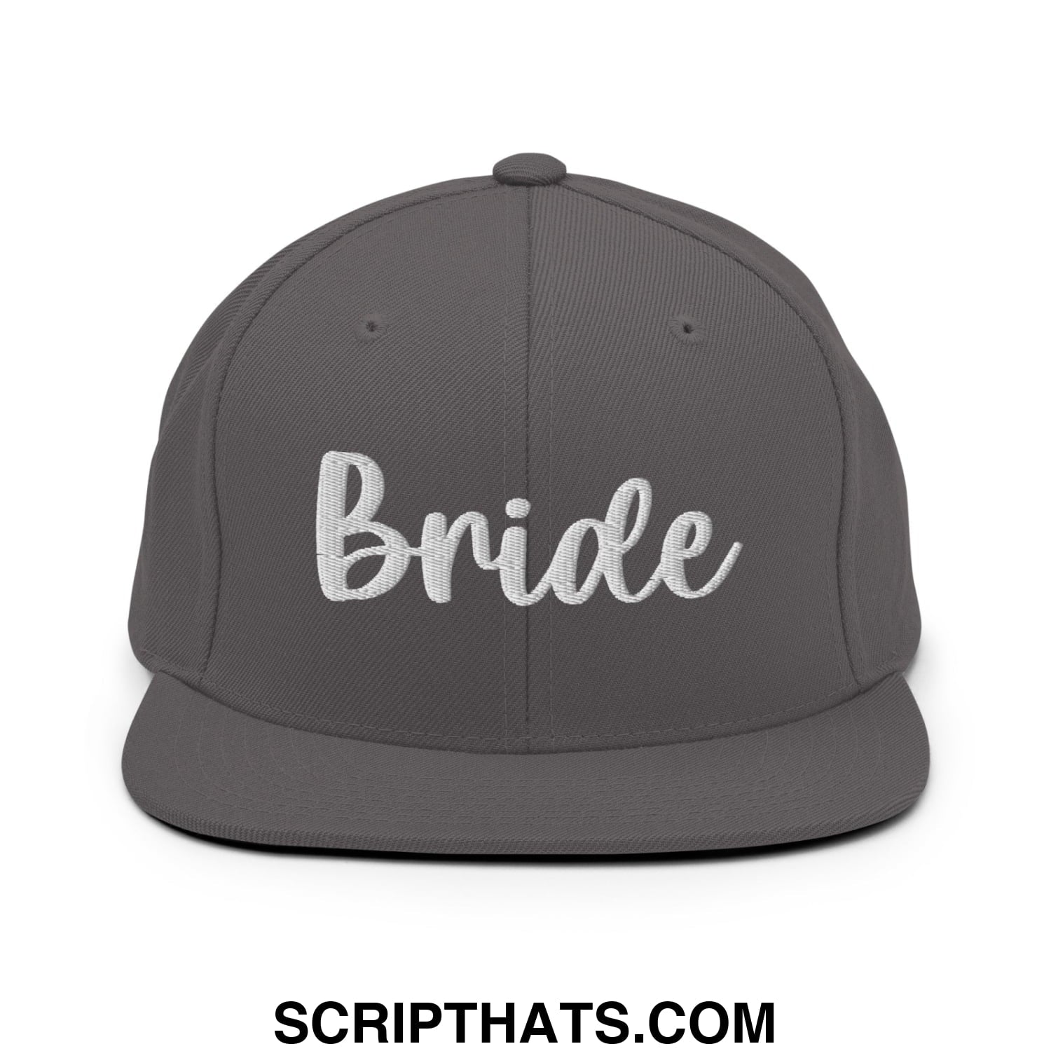 Gray snapback hat with white embroidered bride script and flat bill brim designed for bridal wear