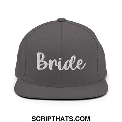 Gray snapback hat with white embroidered bride script and flat bill brim designed for bridal wear