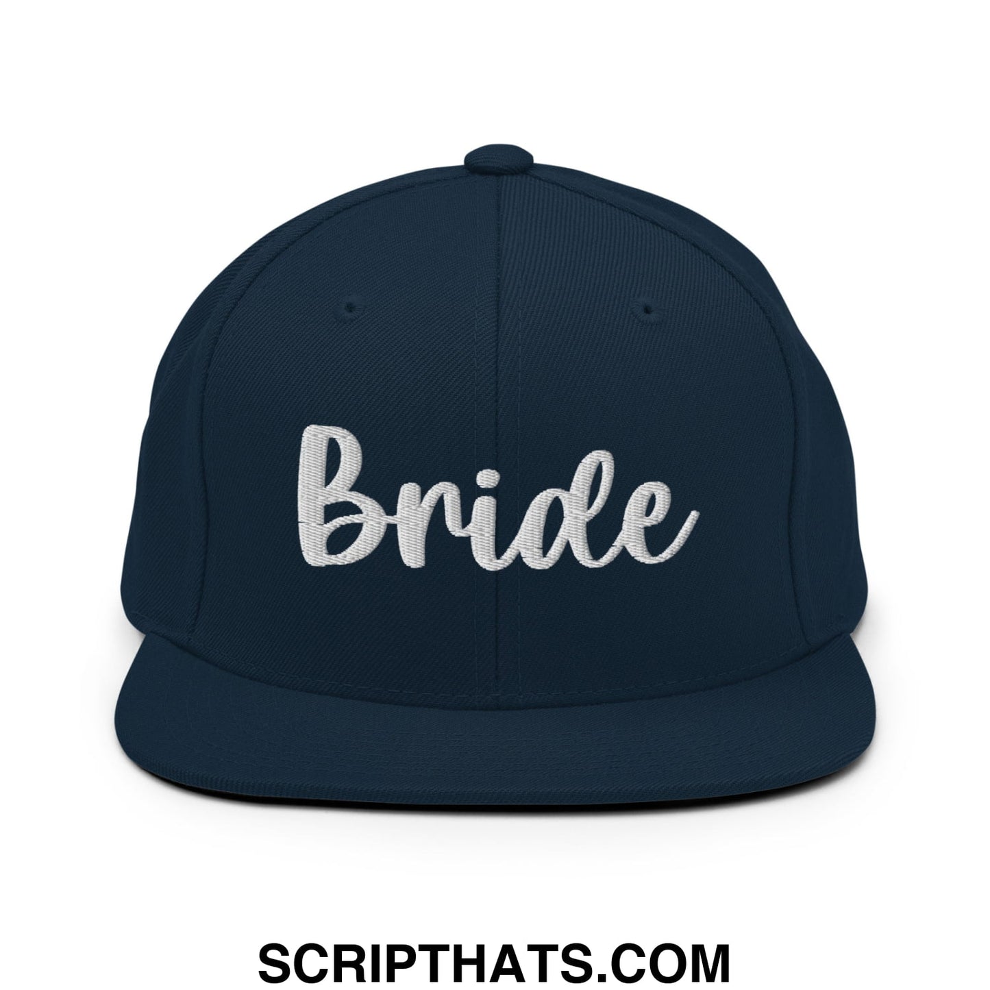 Navy blue snapback hat with white embroidered bride script and flat bill brim for bridal wear