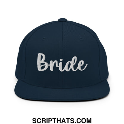 Navy blue snapback hat with white embroidered bride script and flat bill brim for bridal wear