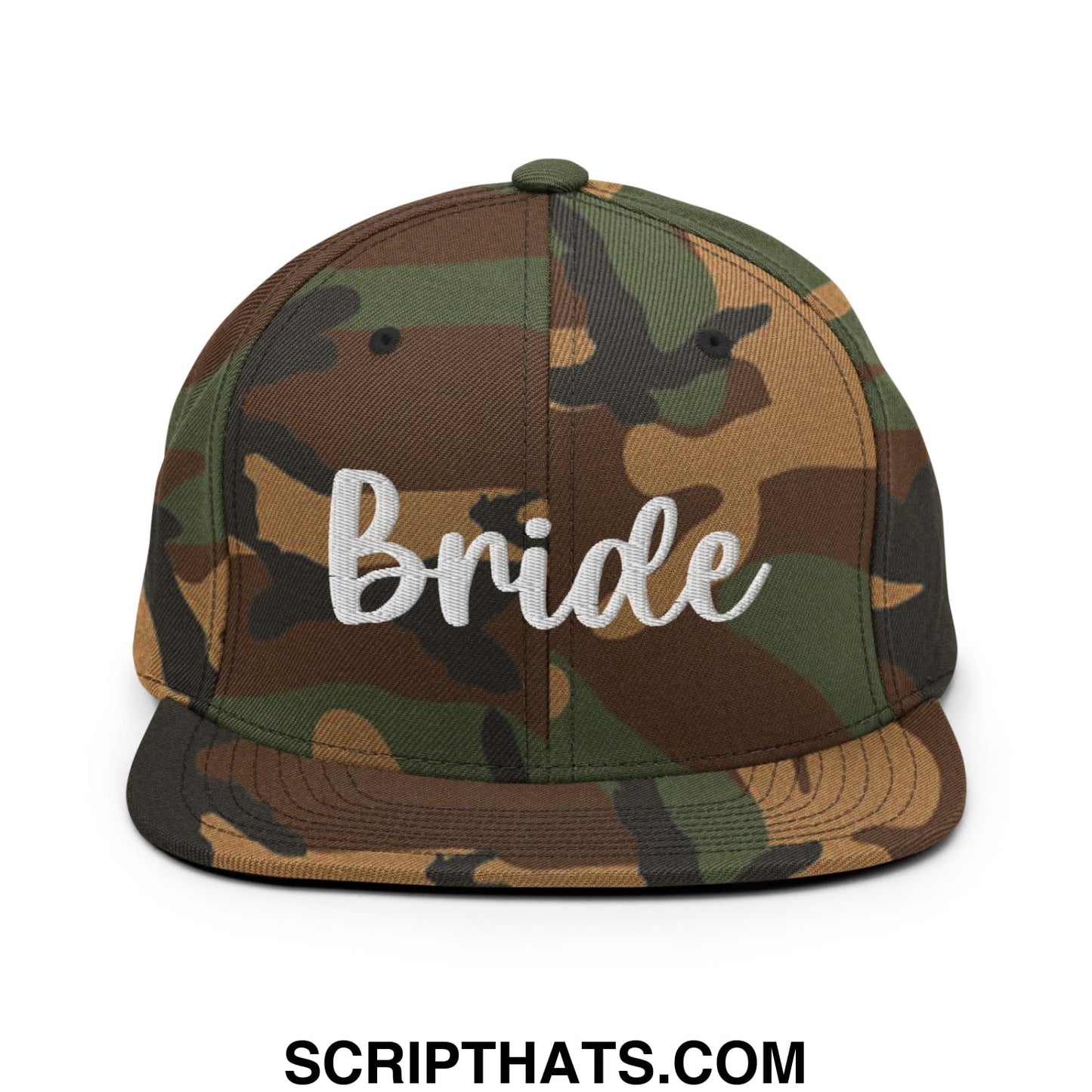 Camouflage flat bill snapback hat with bride embroidered in white script across the front panel